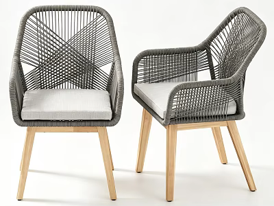 Woven Armchairs With Light Gray Cushions And Natural Wooden Legs Design 3d model