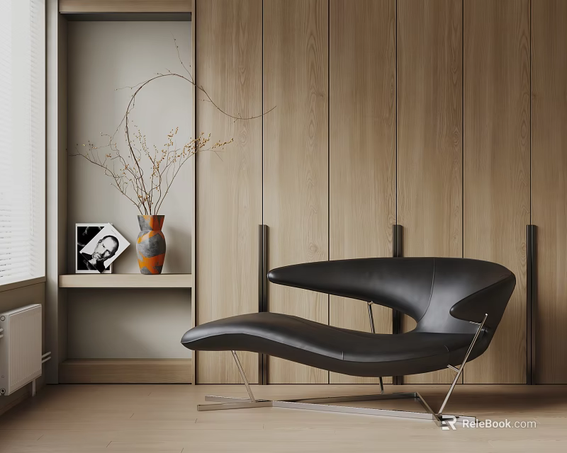 Modern Black Leather Chaise Lounge With Metal Frame By Wooden Wall And Shelf 3d model 