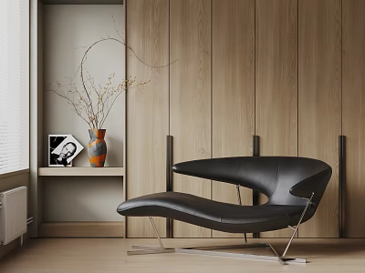 Modern Black Leather Chaise Lounge With Metal Frame By Wooden Wall And Shelf 3d model