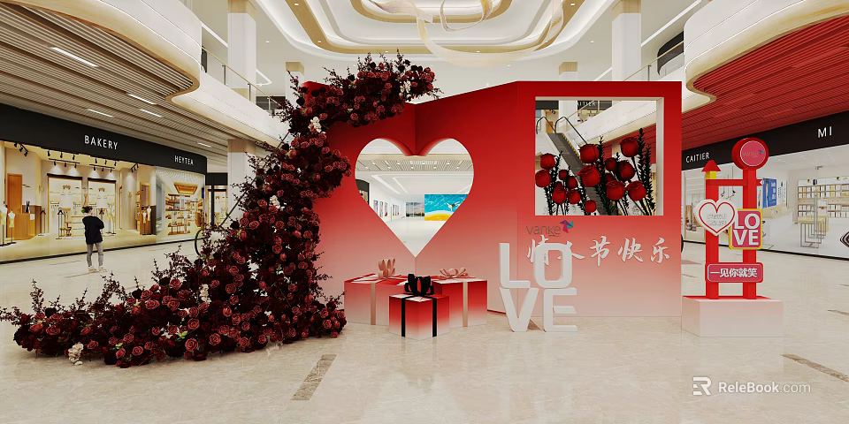 Romantic Mall Interior Decoration With Heart Shaped Arch Red Flowers And LOVE Sign 3d model 