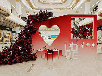 Romantic Mall Interior Decoration With Heart Shaped Arch Red Flowers And LOVE Sign 3d model