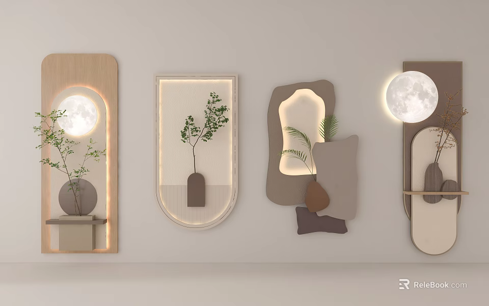 Modern Wall Decor Featuring Various Shapes Lighting Plant Elements And Moon Accents 3d model 