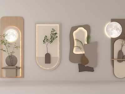 Modern Wall Decor Featuring Various Shapes Lighting Plant Elements And Moon Accents 3d model