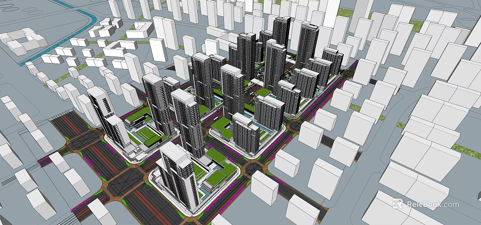 Modern Urban Cityscape Featuring High Rise Buildings Green Spaces And Road Networks 3d model 