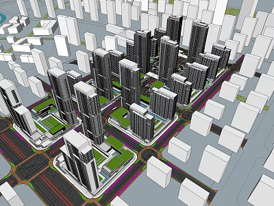 Modern Urban Cityscape Featuring High Rise Buildings Green Spaces And Road Networks 3d model