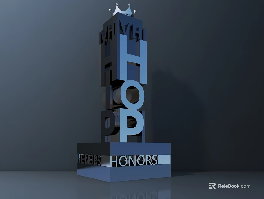 Metallic Blue Sculpture Carving with Stacked Letters Crown Top and HONORS Base 3d model 