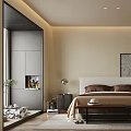 Modern Minimalist Bedroom Interior With Upholstered Headboard Pendant Light And Neutral Walls