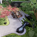 Serene Courtyard Garden With Wooden Table Benches Stone Slab Flooring Green Plants And Red Tree