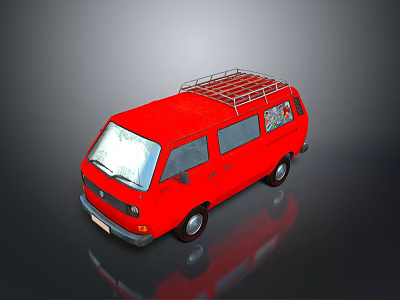 Red Minibus With Roof Rack Side Stickers And Clear Windows On Gray Background 3d model