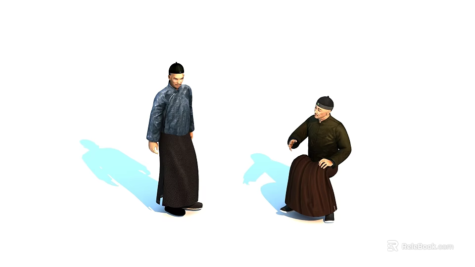 Two Men Wearing Traditional Clothing One Standing And One Sitting 3d model 
