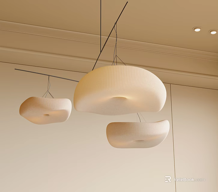Modern Rounded Textured Chandeliers Hanging from Ceiling in Light Interior Space 3d model