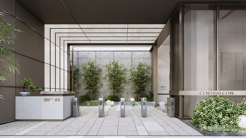 Modern Entrance Gate Design With Metal Frame Glass And Green Trees Slate Floor 3d model 