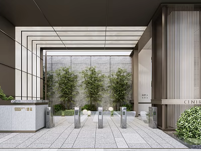 Modern Entrance Gate Design With Metal Frame Glass And Green Trees Slate Floor 3d model
