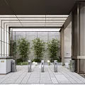 Modern Entrance Gate Design With Metal Frame Glass And Green Trees Slate Floor