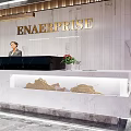 Modern Office Front Desk Reception With Enterprise Logo Black Marble Counter And Red Flower Bouquet