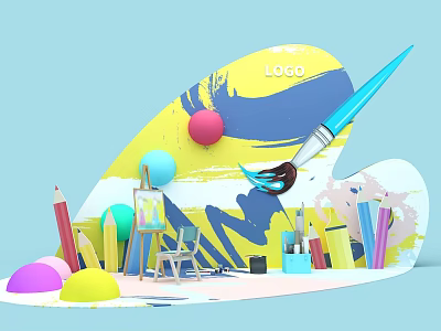 Interactive Zone Featuring Paintbrush Palette Colored Pencils Easel Paint Cans And Colorful Abstract Shapes 3d model