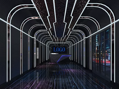 Modern Bar Interior With Arched Neon Lights Sleek Floor And City View Reception Desk 3d model