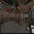 Traditional Chinese Restaurant Interior With Wooden Pavilion Carved Screens Red Lanterns And Stone Tile Floor