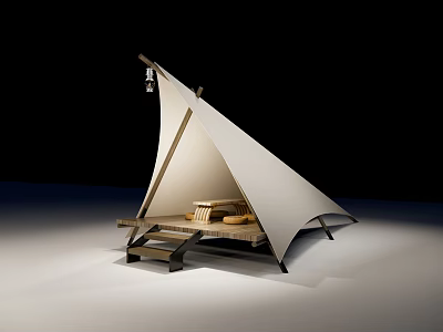 Modern White Tent Design With Wooden Platform Steps And Illuminated Interior 3d model