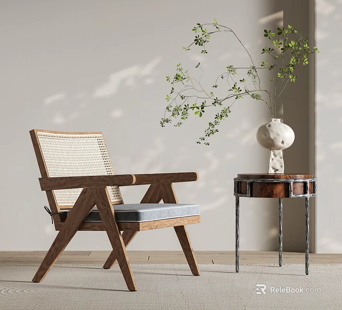 Leisure Chair with Wooden Frame Woven Seat Gray Cushion and Side Table with Green Plant 3d model 