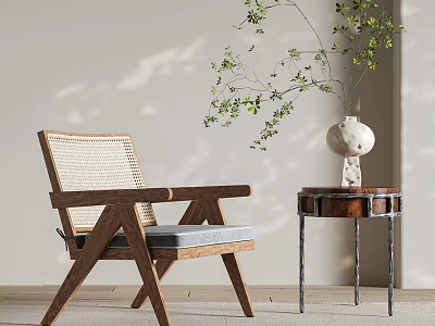 Leisure Chair with Wooden Frame Woven Seat Gray Cushion and Side Table with Green Plant 3d model
