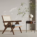 Leisure Chair with Wooden Frame Woven Seat Gray Cushion and Side Table with Green Plant