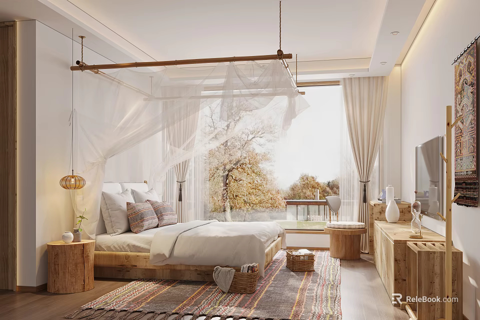 Hotel Guest Room With Canopy Bed White Curtains Wooden Furniture And Autumn Trees View 3d model 
