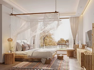 Hotel Guest Room With Canopy Bed White Curtains Wooden Furniture And Autumn Trees View 3d model