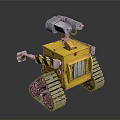 Yellow Rusty Robot Character With Tracked Wheels And Mechanical Arm Design 3d model