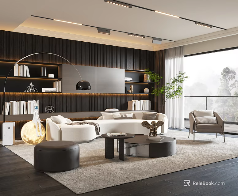 Modern Living Room Interior Featuring Stylish Sofa And Coffee Table Set With Bookshelves And Plant 3d model 