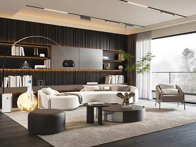 Modern Living Room Interior Featuring Stylish Sofa And Coffee Table Set With Bookshelves And Plant 3d model