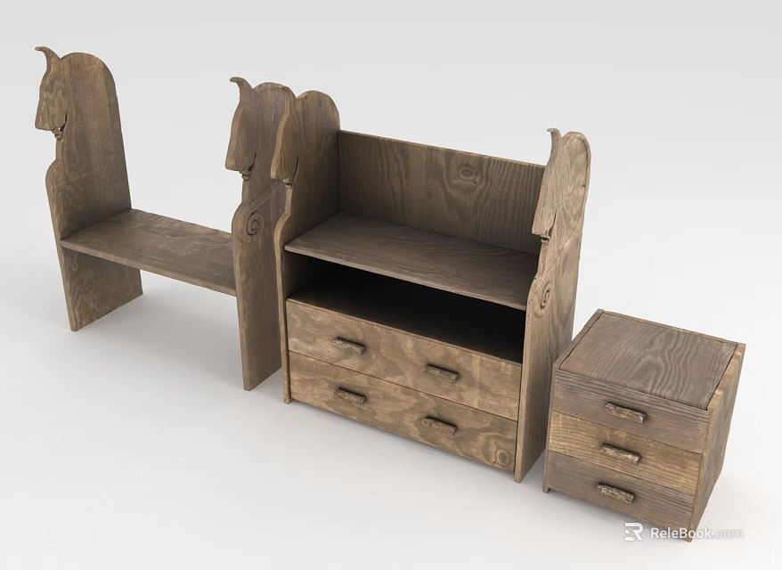 Wooden Furniture Collection With Horse Head Design Shelves And Drawer Cabinets 3d model 