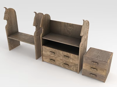 Wooden Furniture Collection With Horse Head Design Shelves And Drawer Cabinets 3d model