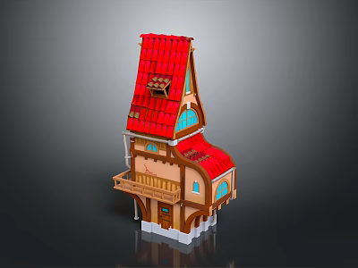 Cartoon Style Small Building With Red Roof Wooden Balcony And Arched Windows 3d model