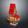 Cartoon Style Small Building With Red Roof Wooden Balcony And Arched Windows