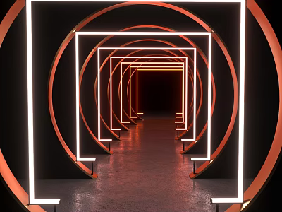 Futuristic Illuminated Tunnel With Neon Circular Rectangular Frames And Reflective Floor 3d model