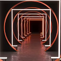 Futuristic Illuminated Tunnel With Neon Circular Rectangular Frames And Reflective Floor