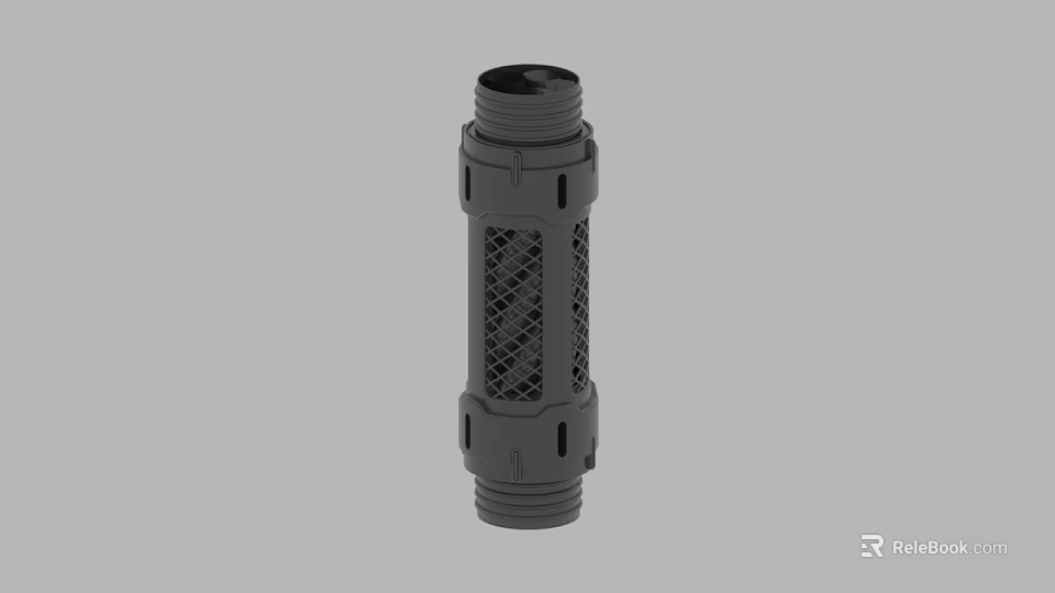 Gray Cylindrical Industrial Component with Mesh Structure and Threaded End Ports 3d model 
