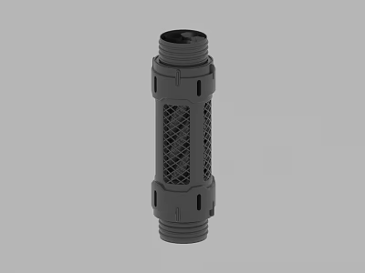 Gray Cylindrical Industrial Component with Mesh Structure and Threaded End Ports 3d model