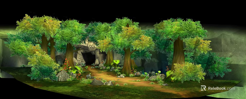 Enchanted Forest Scene With Ancient Cave Tall Trees And Lush Green Plants 3d model 