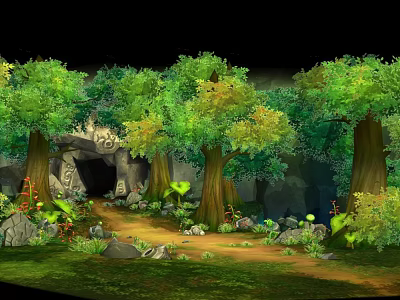 Enchanted Forest Scene With Ancient Cave Tall Trees And Lush Green Plants 3d model