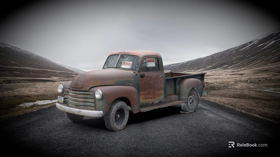 Rusty Old Truck Parked on Asphalt Road Against Mountainous Landscape and Cloudy Sky 3d model 