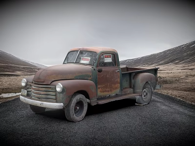 Rusty Old Truck Parked on Asphalt Road Against Mountainous Landscape and Cloudy Sky 3d model