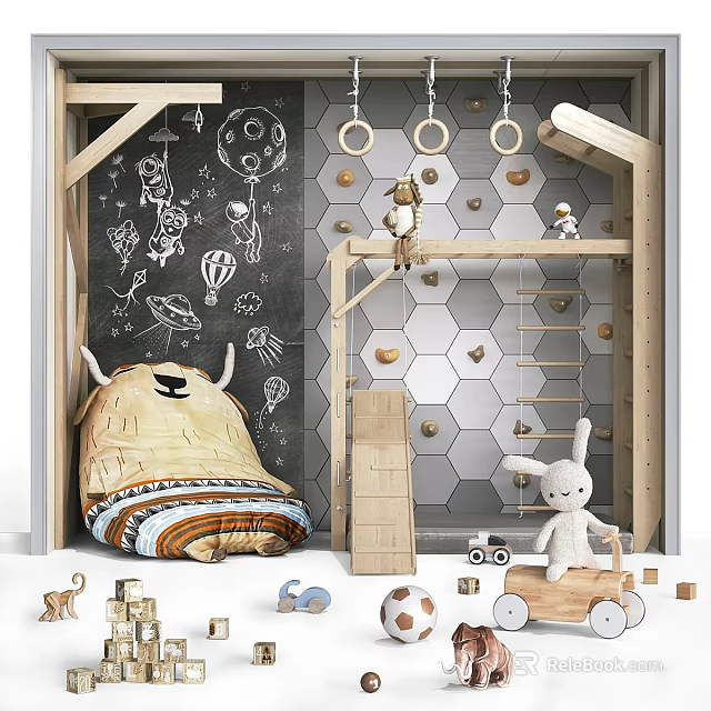 Colorful Building Blocks In Kids Playroom With Climbing Frame Hexagon Wall And Stuffed Toys 3d model 