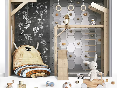 Colorful Building Blocks In Kids Playroom With Climbing Frame Hexagon Wall And Stuffed Toys 3d model
