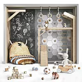 Colorful Building Blocks In Kids Playroom With Climbing Frame Hexagon Wall And Stuffed Toys