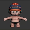 3D Game Movie Character with Blue Helmet Red Logo Green Eyes Pink Body Standing Pose