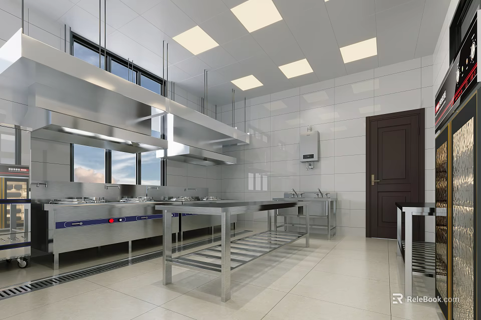 Commercial Kitchen With Stainless Steel Worktables Range Hood White Tile Walls And Square Ceiling Lights 3d model 