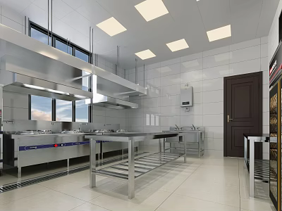 Commercial Kitchen With Stainless Steel Worktables Range Hood White Tile Walls And Square Ceiling Lights 3d model