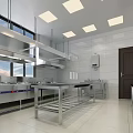 Commercial Kitchen With Stainless Steel Worktables Range Hood White Tile Walls And Square Ceiling Lights